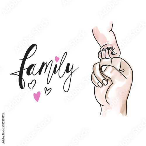 Family, handwritten lettering, cartoon children s hand holds a fist in the hand of an adult in a fist