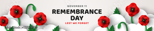 Remembrance Day header, voucher template, Memorial Anzac card flyer, paper cut poppy flowers in clouds, border frame. Vector illustration. Craft spring design, posters brochures. Place for text