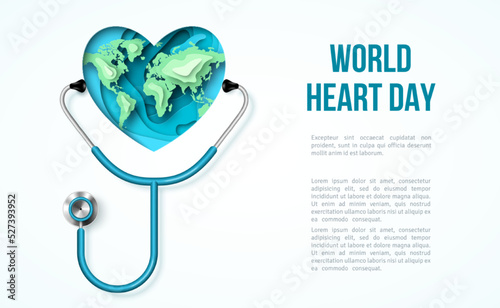 World Heart Day concept. Paper cut heart, map and stethoscope 3d poster, place for text. Vector illustration. Health background medical template, doctor equipment isolated on white