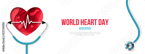 World Health Day concept. Paper cut red heart, puls and stethoscope 3d poster, place for text. Vector illustration. Medical template background, healthcare checkup and diagnostic, phonendoscope