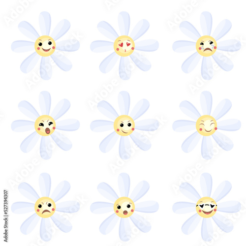 Cartoon flower with different emotions. Vector set of emoticons, emoji
