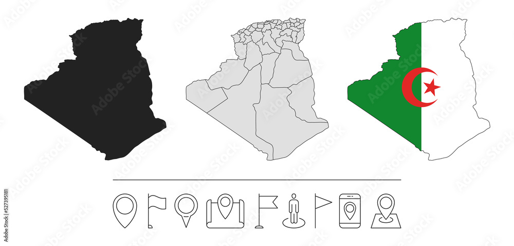 Set of different Algeria maps with national flag. Navigation line icons. Vector illustration.