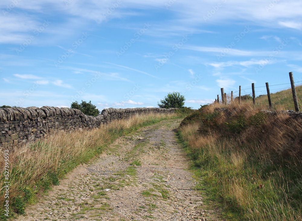 Narrow dirt lane running alongside dry stone walls with hillside meadow in calderdale west yorkshire near hebden bridge