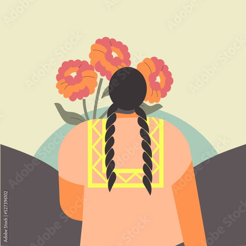 Ilustración de vector de mujer mexicana indígena de espaldas en el horizonte sosteniendo ramo de flores