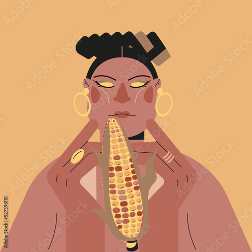 Ilustración de vector de mujer mexicana sonriendo pensando meditando, sosteniendo una mazorca maíz con ojos cerrados