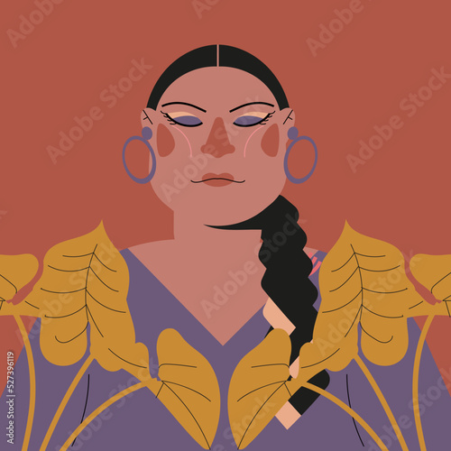 Ilustración de vector de mujer mexicana sonriendo pensando sosteniendo plantas.