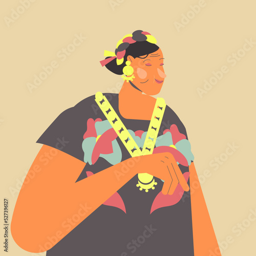 Ilustración de vector de mujer latina mexicana sonriendo sosteniendo un metate para hacer salsa, mole o chocolate