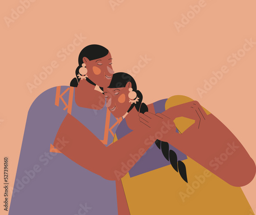 Portrait of a Mother hugging her kid daughter. Loving family, parenthood, togetherness, childcare concept. Silhouette of Mexican women. Happy Mother's Day card template. Vector illustration