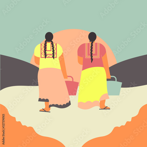 Ilustración vector de mujeres indigenas latinas caminando, platicando y disfrutando.	