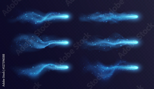 Blue light trail, magic stardust with haze and sparkles, realistic fantasy game vfx effects collection, spell blast in motion isolated on dark background. Vector illustration.