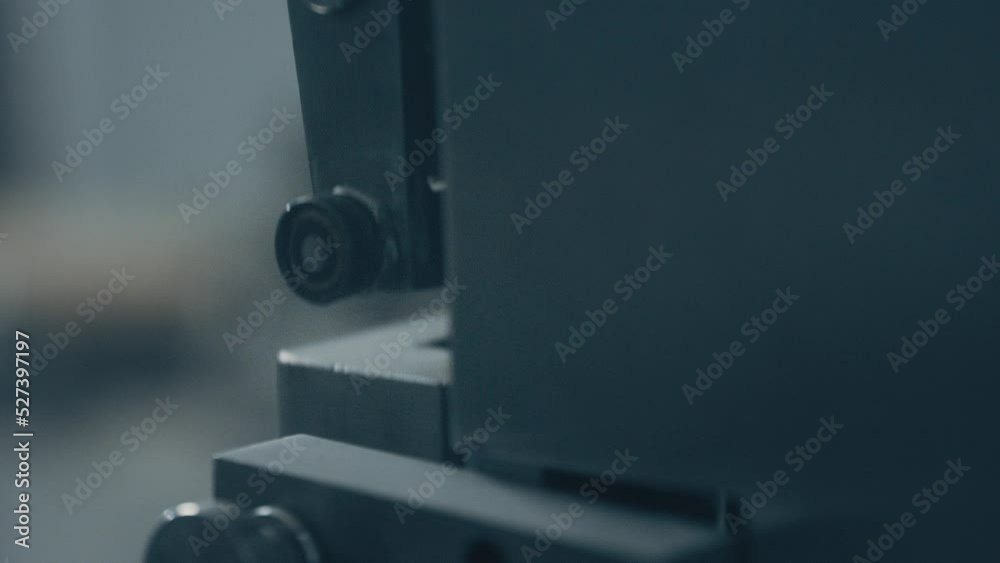 Automated mechanical hydraulic machine. Hydraulic machine work. Press for the production of metal products. Manufacturing Machine. Movement up and down. Macro shot. Close up, DOF, 4K