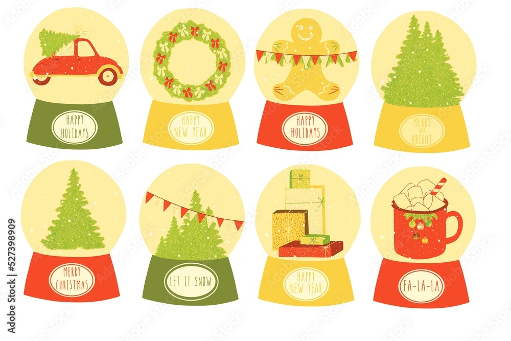 Festive christmas illustrations with christmas tree, snow globe, cocoa