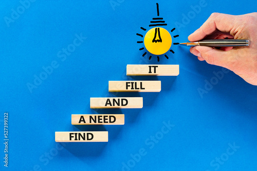 Find a need and fill it symbol. Concept words Find a need and fill it on wooden blocks on a beautiful blue background. Businessman hand. Business and find a need and fill it concept. Copy space. photo