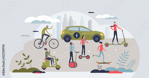 Green transportation with environmental friendly energy tiny person concept. Bicycle, scooter and electric car with sustainable and clean power vector illustration. Hybrid transport drive lifestyle.