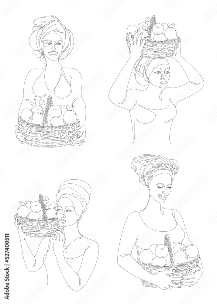 Collection. Silhouettes of a girl in a headscarf. The lady holds in her hands a basket of oranges, oranges. Woman in modern one line style. Solid line, outline, logo. Vector illustration, Collection. Silhouettes of a girl in a headscarf. The lady holds in her hands a basket of oranges, oranges. Woman in modern one line style. Solid line, outline, logo. Vector illustration,