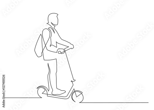 Continuous line drawing of a man rides an electric scooter. Vector illustration.
