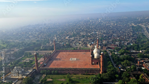An early morning aerial capture of the famous and historical Badshahi Mosque of Lahore, Pakistan. Mughal Architecture