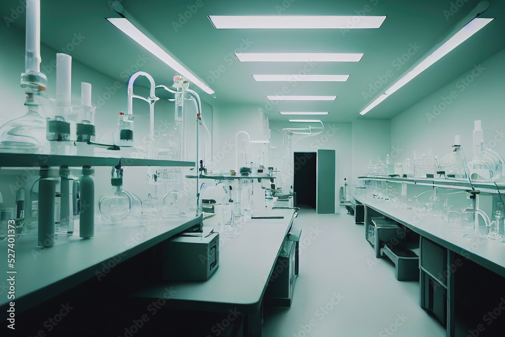 Interior of chemical laboratory with equipment. AI-generated 3d image, not based on any actual scene