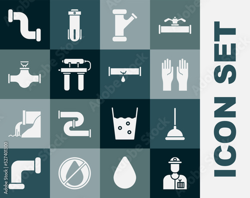 Set Plumber, Rubber plunger, gloves, Industry metallic pipe, Water filter, and valve, and Broken with leaking water icon. Vector