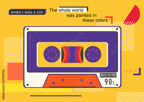 Colorful bright retro background with a retro cassette tape and an inscription back to the 90s