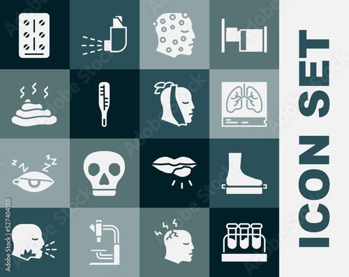 Set Test tube with blood, Flat foot, Lungs x-ray, Psoriasis or eczema rash, Medical thermometer, Shit, Pills in blister pack and Toothache icon. Vector