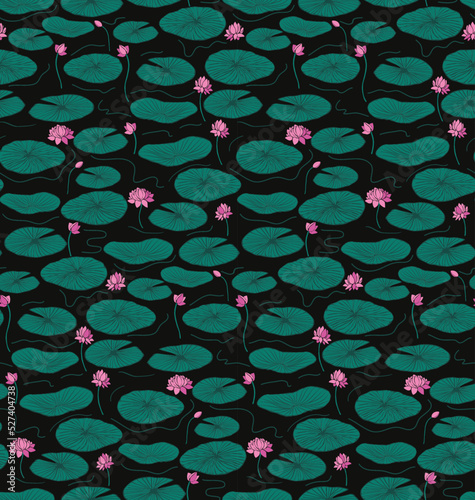 Seamless pattern of waterlilies or lotuses floating on dark background and detailed Lilly pads. Great for textiles, fashion, stationery, decor.