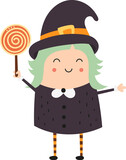 Cute Halloween Witch Holding Candy. Kids Illustration on Transparent Background. Symbol of Halloween