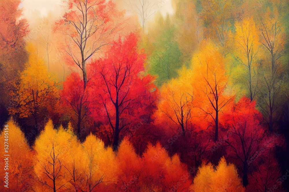 Color full Idyllic landscape in autumn with forest and sun, 3d illustration.