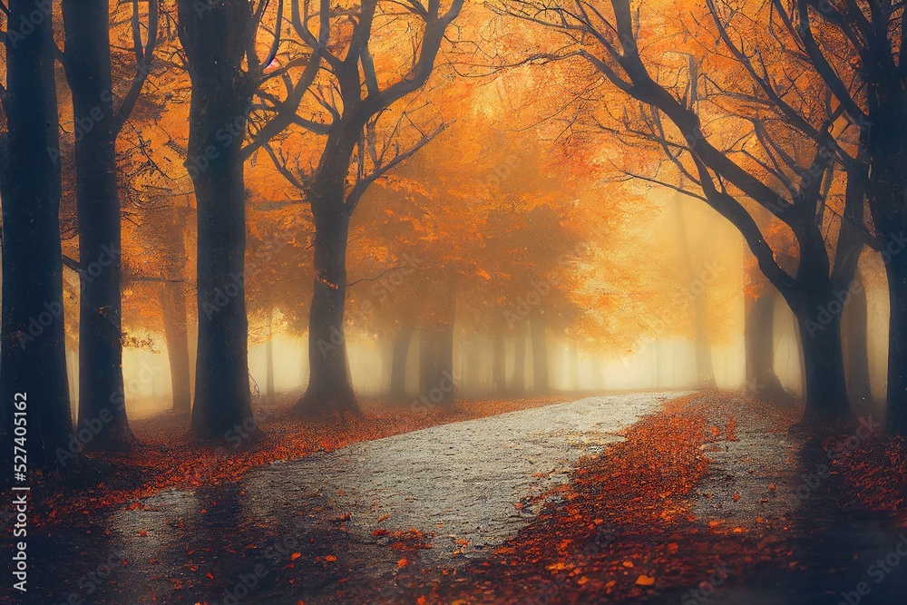 Autumn forest road leaves fall in ground landscape on autumnal background in November. copy space. 3d illustration.