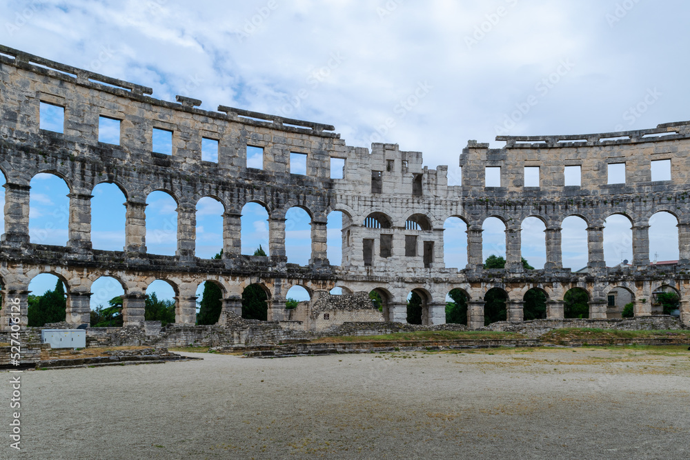 Wide view of the interior of the ancient Roman amphitheater in Pula Croatia