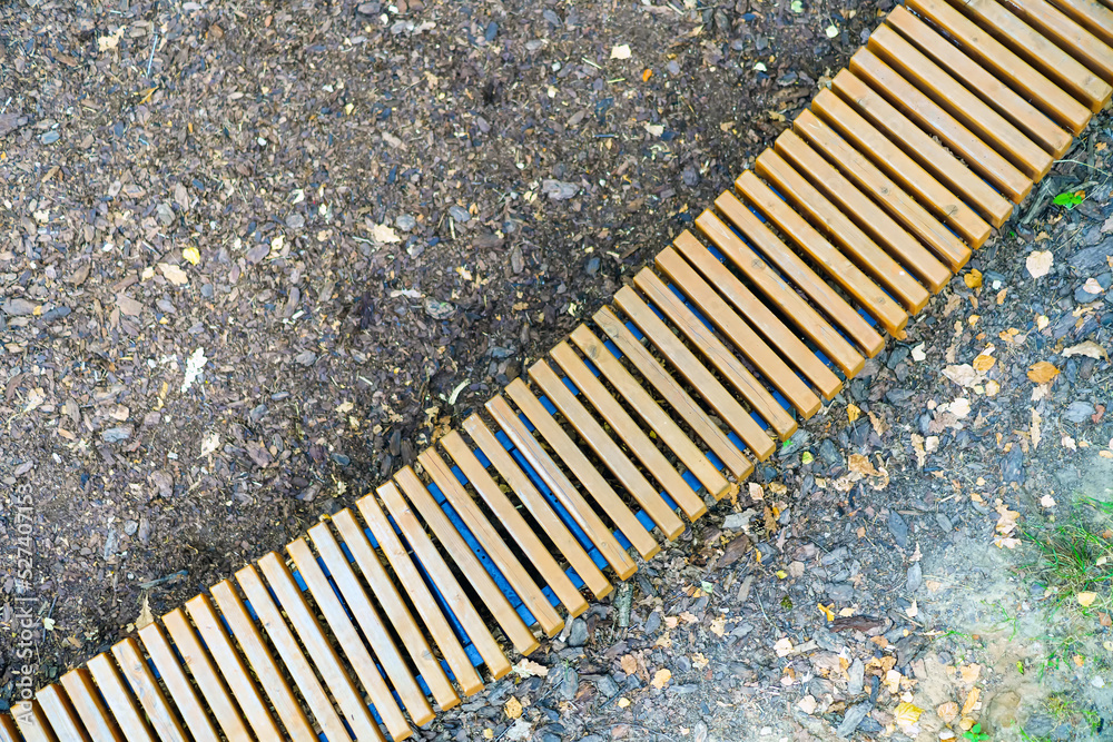 Bench made of wooden bars view from above Bench made of wooden bars view from above