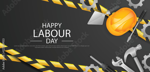 Labour day banner template design with Yellow safety hat and construction equipment.