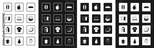 Set Bread loaf, Jelly cake, toast, Hotdog, Donut, Plum fruit, Steak meat and aper package for milk icon. Vector photo