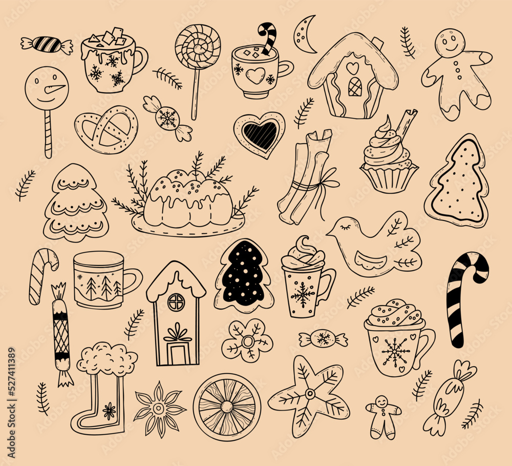 Set doodles Christmas food and decor. Gingerbread house, gingerbread and caramel stick, cinnamon and citrus, cream dessert and candy lollipops. Isolated vector linear hand drawn for New Years decor.