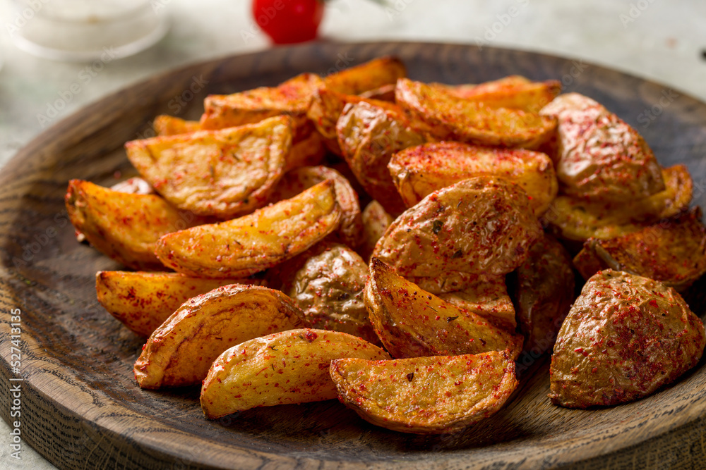 The potatoes wedges on the Board on stone table macro close up