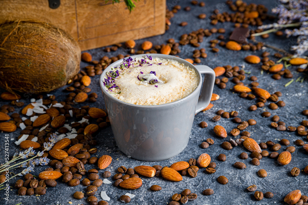 raf coffee lavender with coconut on cup on grey table - obrazy, fototapety, plakaty 