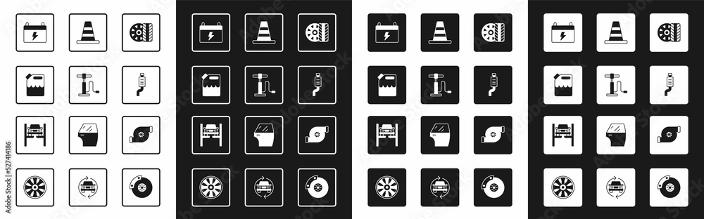 Φωτογραφία Set Car tire wheel, air pump, Canister for gasoline, battery, muffler, Traffic cone, Automotive turbocharger and Repair car lift icon