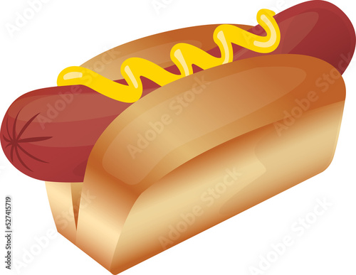 Hotdog in classic split-top bun with mustard, American style