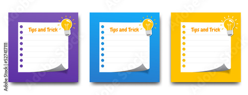 Note paper with lightbulb ornament. Quotes, idea, information, tips and trick square banner template with colorful background. Usable for card, social media post, and web ads. photo