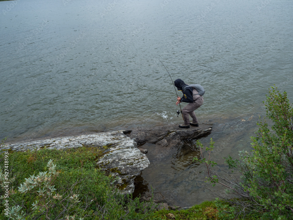 Man fisherman angler on lake shore fly fishing and caught trout or char fish in Gieddavrre lake in Sweden Lapland on Padjelantaleden hiking trail. Man fisherman angler on lake shore fly fishing and caught trout or char fish in Gieddavrre lake in Sweden Lapland on Padjelantaleden hiking trail.