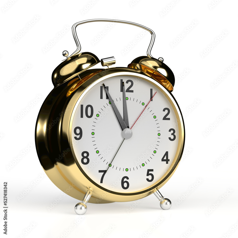 Gold alarm clock isolated on white background. 3D rendering Gold alarm clock isolated on white background. 3D rendering