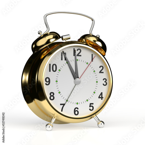 Gold alarm clock isolated on white background. 3D rendering