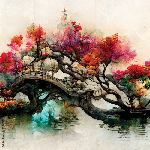 Digital wall art of Japanese autumn garden with beautiful colorful trees and a lake