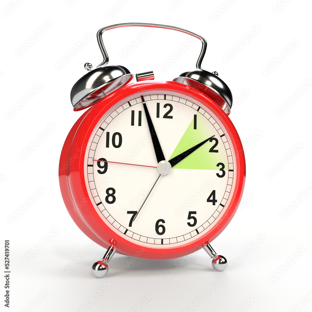 Daylight saving time concept. Alarm clock isolated on white background. 3D rendering Daylight saving time concept. Alarm clock isolated on white background. 3D rendering