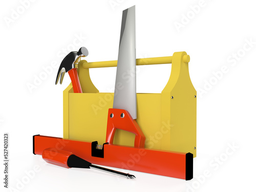 Toolbox with a hammer, bubble level,, screwdriver and handsaw, isolated on white background. 3D rendering