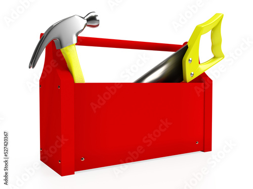 Toolbox with a hammer and handsaw, isolated on white background. 3D rendering