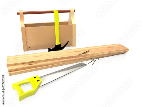 Hammer, hacksaw, toolbox, wooden planks and nails on white background, isolated. 3D rendering
