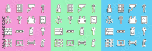 Set line Police electric shocker, Key, Safe, Security camera, Magnifying glass Search, System bug concept, combination lock and Bulletproof vest icon. Vector