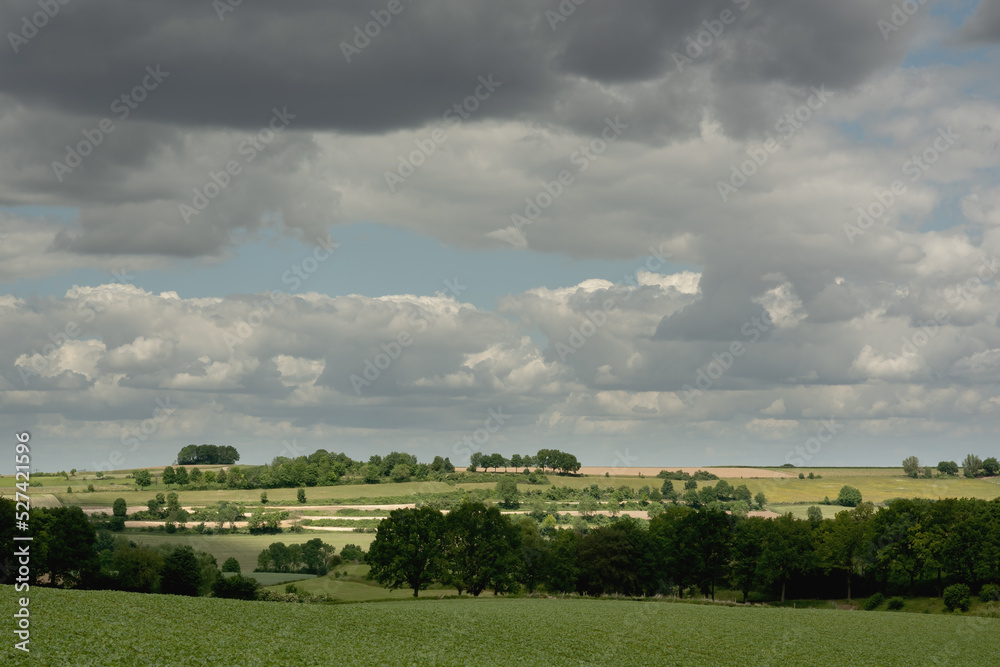 Rolling countryside with farmland and trees under a cloudy sky.