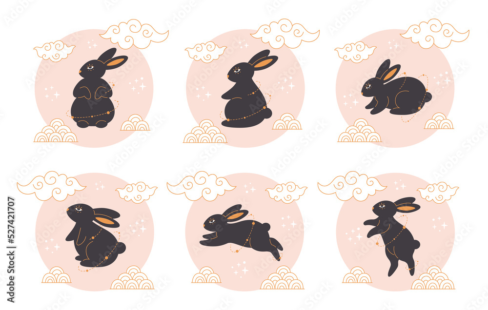 Cute black rabbits with Chinese New Year symbols. Year of the Rabbit. Mid autumn festival. Hand drawn vector illustration